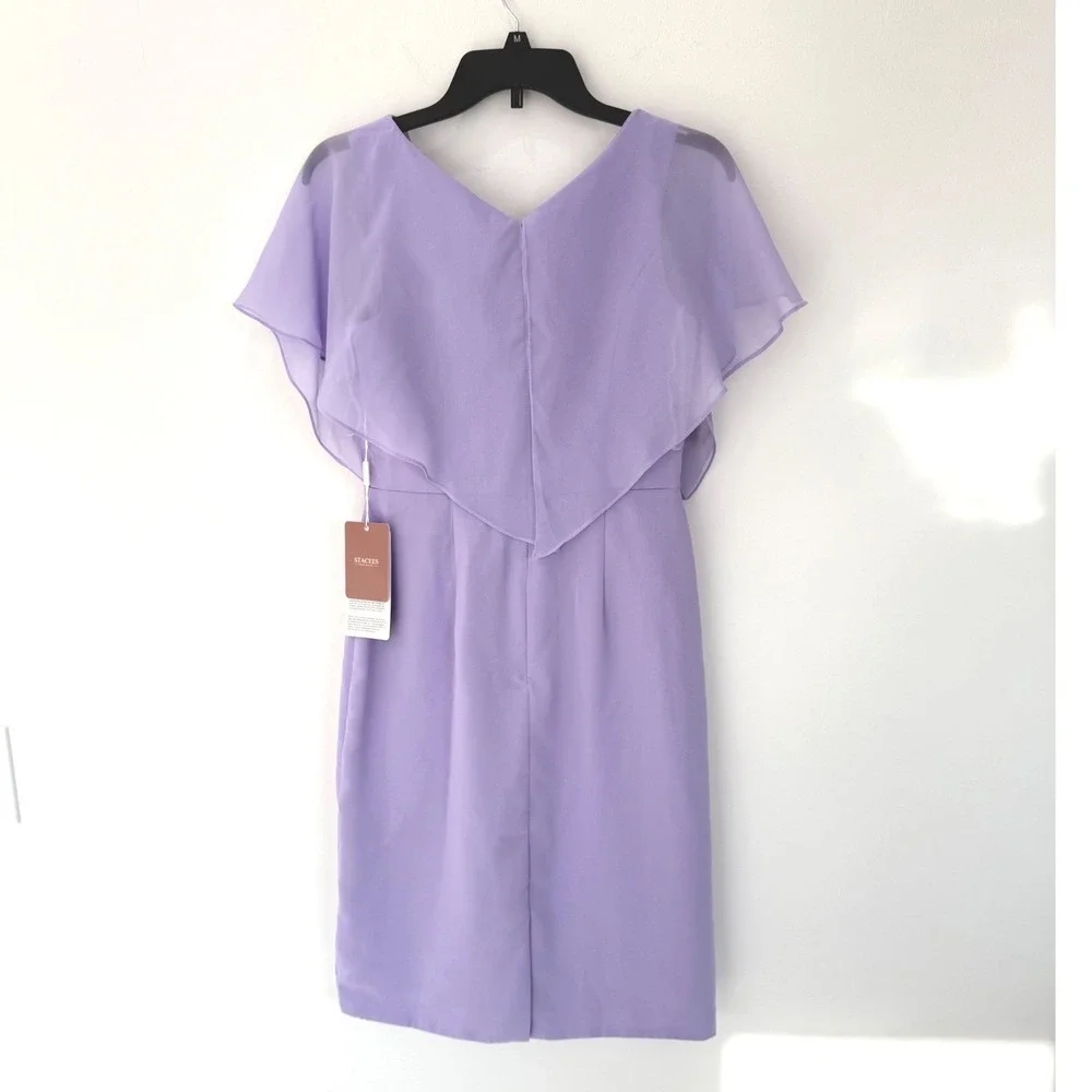 NWT STACEES Lilac Chiffon Draped Midi Dress Wedding Guest size 0 Mother Of Bride